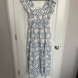 Blue & White Geometric Maxi Dress with Ruffle Straps